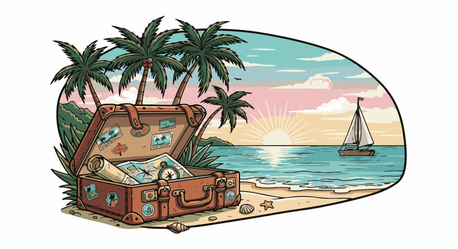 Open suitcase on beach with palm trees, map, compass, sailboat, sunset