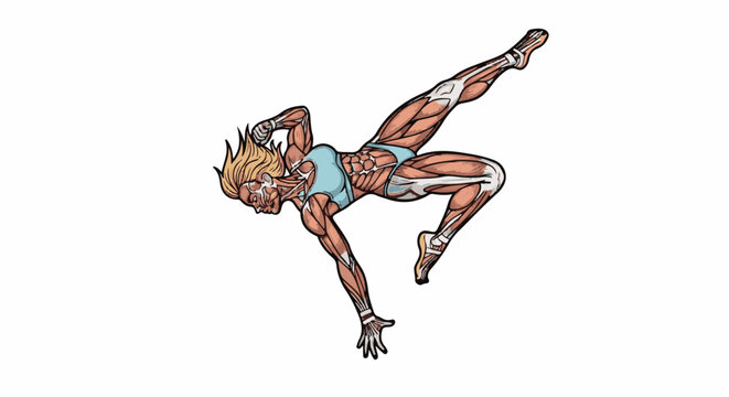 Muscular figure in dynamic pose, showing internal anatomy