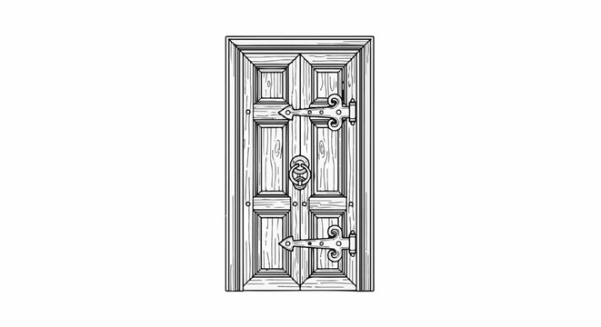 Ornate vintage wooden door with decorative hinges and ring knocker