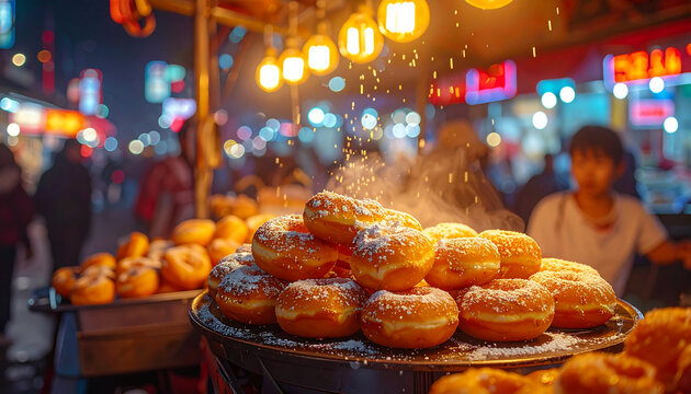 Donuts displayed at food stall
