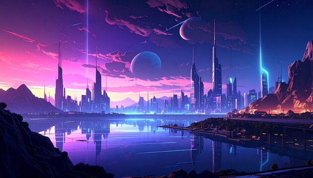 Futuristic cityscape at dusk