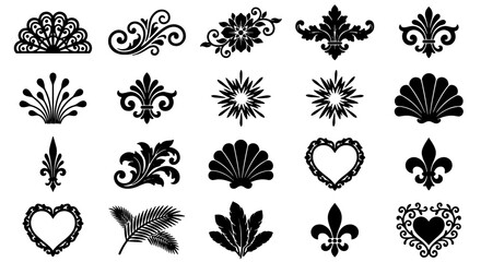 Vintage ornamental flourishes and filigree set, 20 black vector design elements, elegant fleur de lis and floral scroll icons for wedding invitations © Sazzad