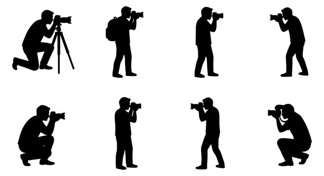 Photographer silhouette collection, 8 vector icons of professional cameramen with DSLR cameras, paparazzi and journalist figures in various poses
