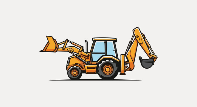 Orange excavator with front loader and backhoe on a light background