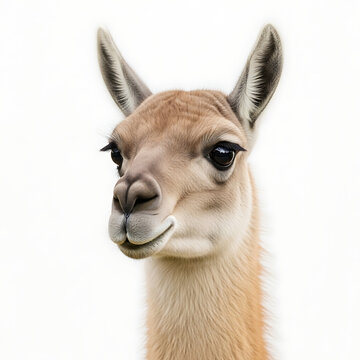Close-up of a charming guanaco's head with expressive eyes and alert ears