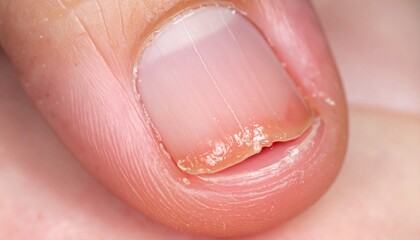 Fototapeta premium Macro view of onycholysis showing fingernail separation from the nail bed