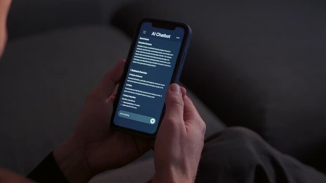 Close-up of a person holding a smartphone and interacting with an AI chatbot interface while sitting on a sofa at home, asking artificial intelligence a question or business idea advice. Copy space