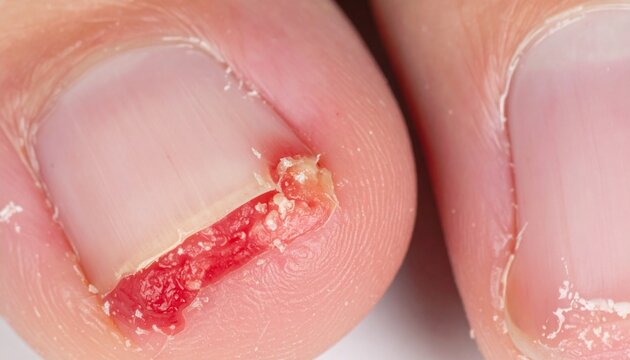 Extreme close up of severe paronychia nail infection with inflamed cuticle, redness, and swelling