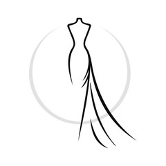 Logotipo de boutique de moda femenina. Dibujo minimalista con líneas de un vestido de noche con falda, por encima de un círculo  © teracreonte