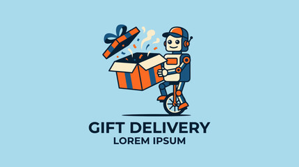 This vibrant illustration shows a cheerful robot riding a unicycle while delivering a present, embodying convenience and futuristic technology in gift logistics. © Huilong