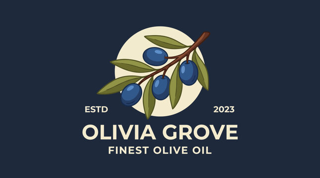 This logo features a stylized olive branch with blue olives against a dark background, emphasizing quality olive oil from Olivia Grove established in 2023.
