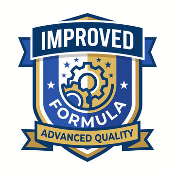 This badge design illustrates an improved formula with a gear symbol, emphasizing advanced quality and innovation in a visually appealing and professional manner.