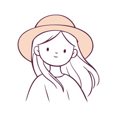 Vacaciones de verano. Logotipo con dibujo minimalista con líneas de una niña con sombrero de paja © teracreonte