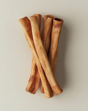 A stylish arrangement of dog chews, featuring six natural, bone-shaped treats with a light brown color.