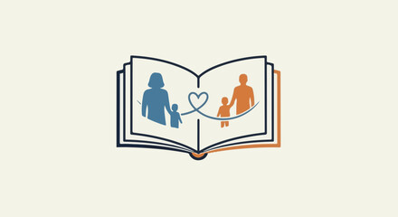 Fototapeta premium Open book with silhouettes of families linked by heart symbol