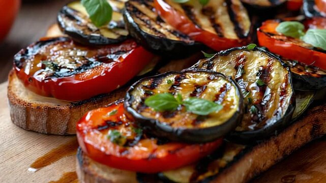 selective focus close up grilled vegetable bruschetta smoky zucchini pepper eggplant toast