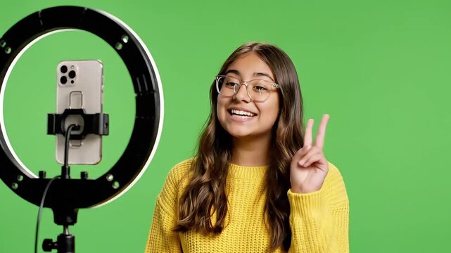 Smiling Young Female Content Creator Showing Peace Sign While Recording Video with Smartphone and Ring Light on Green Screen Background