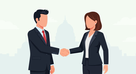 Fototapeta premium Truman shakes hands with colleague on a busy Day in office