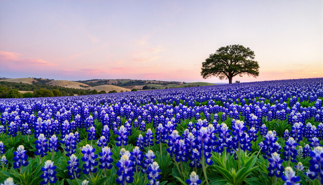 Vibrant bluebonnet field at twilight with oak tree, Texas beauty