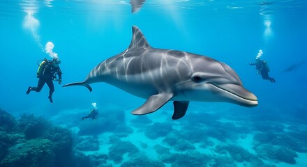 Naklejka premium Dolphin swims with scuba divers underwater.