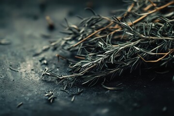 Fototapeta premium Close-up of dried herbs with a dramatic dark background, showcasing their intricate textures and delicate colors.