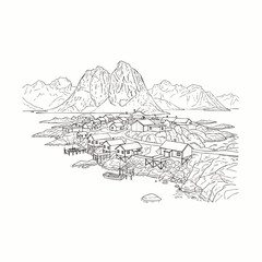 Fototapeta premium Sketch of a picturesque Norwegian fishing village with mountains and sea in the background, Lofoten Islands