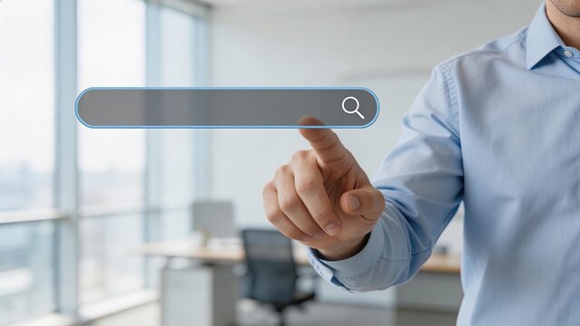 Businessman touching futuristic search bar interface in modern office digital technology concept online query web browsing data analysis internet connection corporate innovation