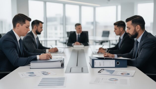 Compliance officers reviewing crossborder reinsurance policy binders with a sharp focus on documents blurred background highlighting teamwork in regulatory adherence.