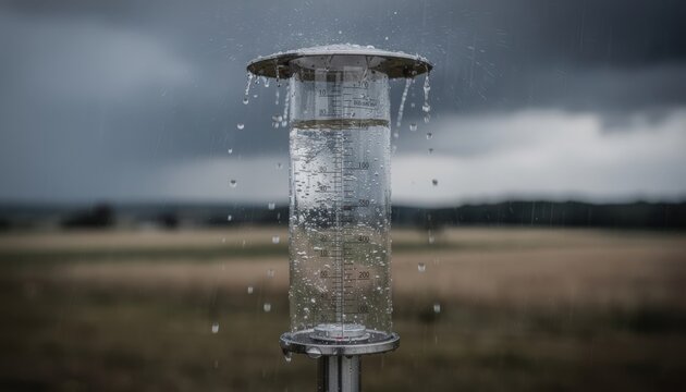 Rain gauge sharply centered in frame recording heavy rainfall symbolizing datadriven catastrophe insurance with a blurred landscape behind for depth.