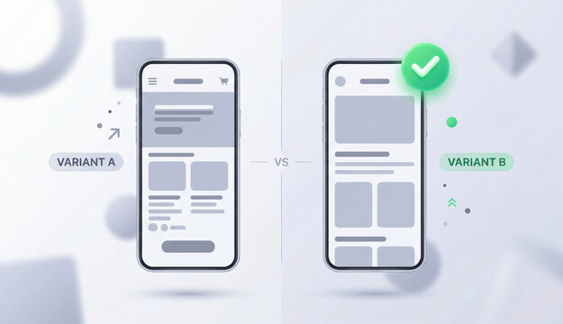 Conceptual A/B testing visuals featuring generic UI mockups, traffic splitting, dashboards, and statistical significance elements. Ideal for SaaS content, UX teams, growth marketing, and product exper
