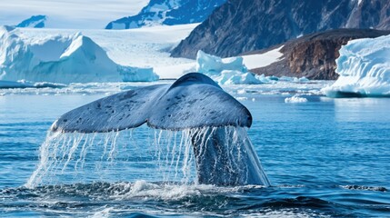 Naklejka premium Massive blue whale tail splashing out of the ocean with cascading water droplets against glaciers and jagged icebergs.