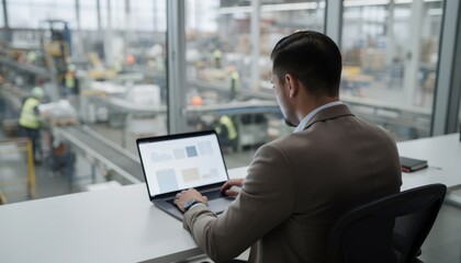 Fototapeta premium Underwriter reviewing machinery risk assessments and product liability metrics on a laptop focusing on a mediumsized manufacturers safety protocols in a factory environment.