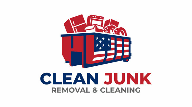A bold logo design representing a junk removal service, featuring a dumpster adorned with the American flag, symbolizing cleanliness and patriotism.
