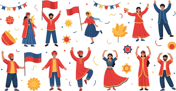 Vector Illustrations of Traditional Cultural Dance, Festival Celebrations, Flag Bearers, and Folk Dancers with Colorful Decorations for Festive Events and Celebrations