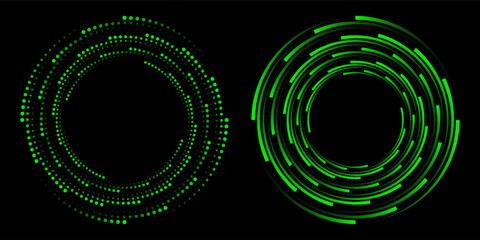 Abstract spiral halftone pattern with green gradient dots on black background. Futuristic, modern, and eye-catching design perfect for digital art, backgrounds, or technology themes. © Muis