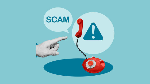 Phone scam and fraud call concept with retro telephone, spam caller alert, phishing and social engineering attack, cybercrime, identity theft, data security and communication risk awareness