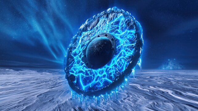 Massive heavy shield with glowing blue ice patterns and frozen glyphs against an arctic tundra under a sharp aurora borealis.