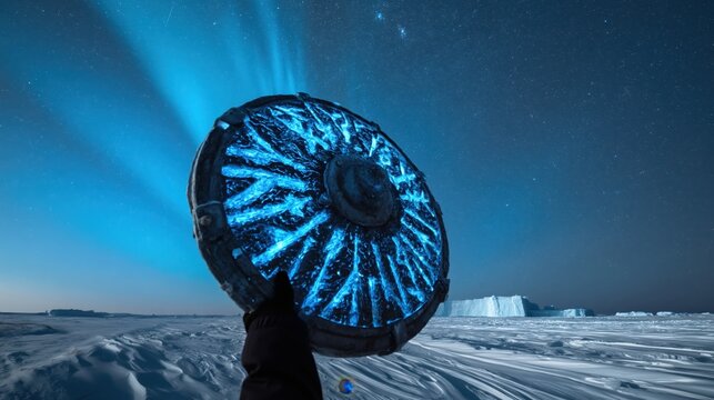 Massive heavy shield with glowing blue ice patterns and frozen glyphs against an arctic tundra under a sharp aurora borealis.