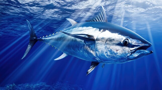 Massive bluefin tuna swimming in crystal-clear deep blue ocean with school of baitfish and coral reef under sunlight rays.