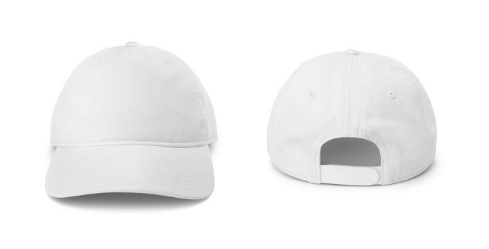White baseball cap mockup front and back view isolated on white. This apparel template is perfect for clothing brand mockups and sports merchandise presentations.