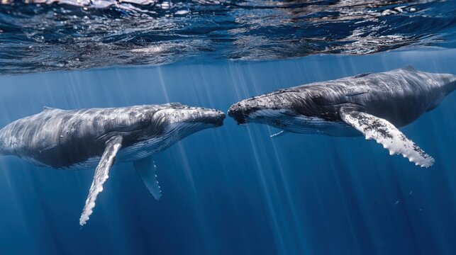 Two humpback whales meeting face-to-face in a crystal-clear deep blue ocean with schools of silver baitfish and sunlight rays piercing the surface.