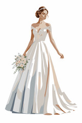 Fototapeta premium Elegant Bride in Stunning White Wedding Dress Holding Floral Bouquet Digital Illustration for Wedding Invitations, Romantic Bridal Gown Design, Sophisticated Woman in Marriage Ceremony Fashion Art