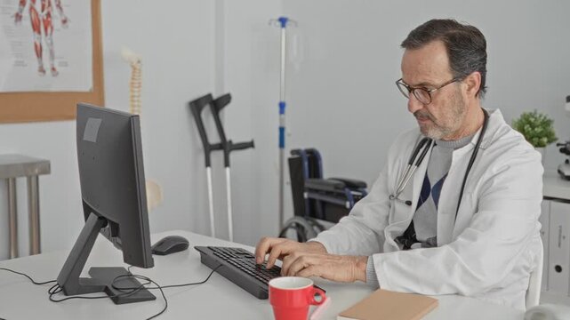 Man doctor flips page with hand reading a notebook beside coffee and computer in building clinic; quiet concentration.