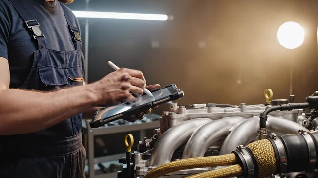 Mechanic inspects engine with tablet in workshop. Worker checks machinery using digital device. Industrial mechanic examines engine parts. Tablet helps mechanic diagnose machinery. Engine inspection