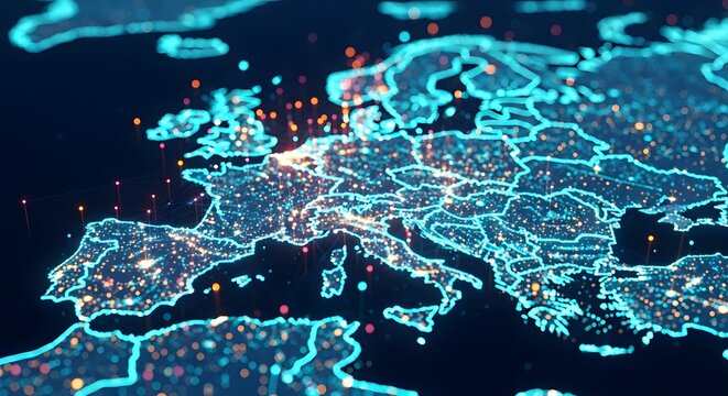 Digital map of europe with glowing network nodes and data communication lines