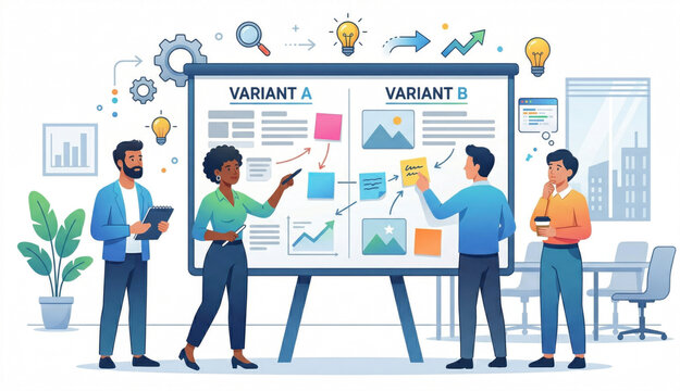 A modern collection of A/B testing illustrations showing split testing, experiment setup, variant comparisons, and performance results. Clean, stock-ready visuals for analytics, CRO, product optimizat