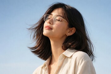 Fototapeta premium Serene woman enjoying sunlight.