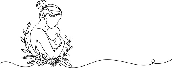 mother and baby continuous one line drawing, Mother and baby line art vector illustration, mothers day celebration background, Mother and baby in continuous one line drawing. Mothers day celebration © Parboti