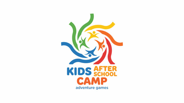 A colorful logo for a kids after school camp featuring playful figures, symbolizing adventure and fun. Perfect for promoting activities and engagement in childhood development.