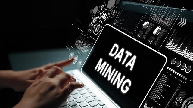 Hands Typing on Laptop with Data Mining Text Overlaid on Digital Interface of Charts, Graphs, and Symbols. Asymptotic smart data analytic.